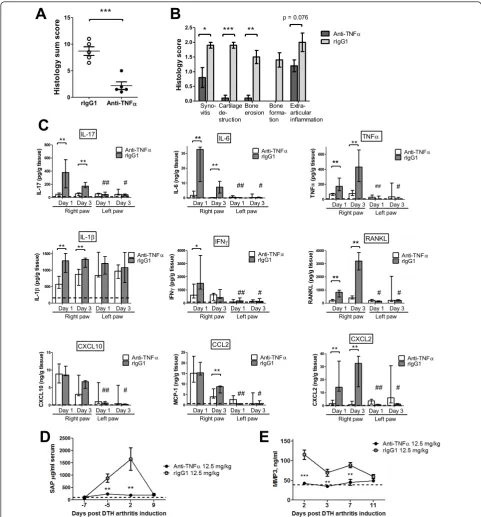 Figure 7 Effect of treatment with TNFgiven prophylactic treatment with either anti-TNFrepresents levels measured in naïve mice (a blocking biologics on histology, systemic and local inflammatory parameters