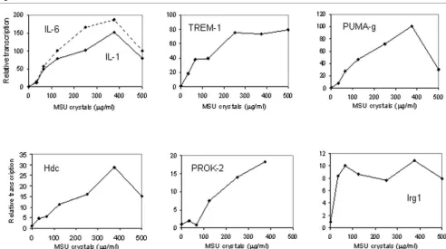 Figure 6MSU crystal dose responseMSU crystal dose response. Mouse peritoneal macrophages were grown in medium overnight