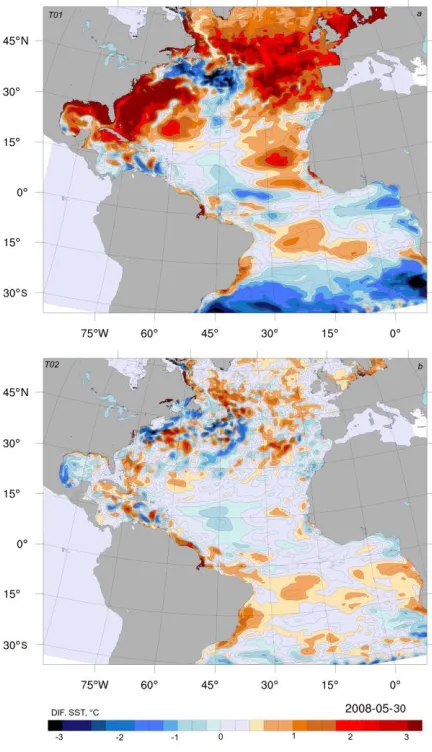 Fig. 2 shows the difference between the SST model fields in the T01, T02 experiments and in the A01 “true” experiment for May 30, 2008 (model date)