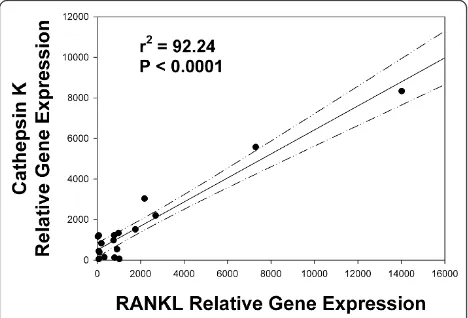 Figure 3 RANKL expression and stages of disc degenerationRANKL gene expression was significantly greater in annulus tissuefrom more degenerated discs than in healthier discs (P = 0.0001).Data are means ± s.e.m.