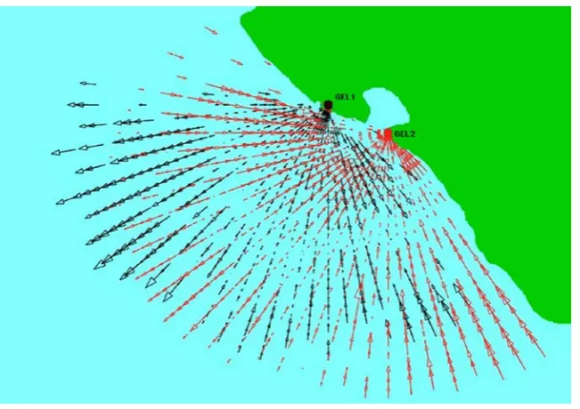 Fig. 4. An example of the formation of the current velocity vector determination area based on the mapping of radial current velocity components on October 21  