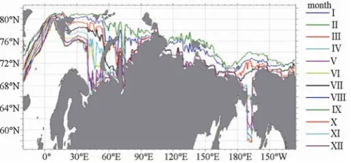 Fig. 1.  Monthly average climatic positions of the sea ice edge  