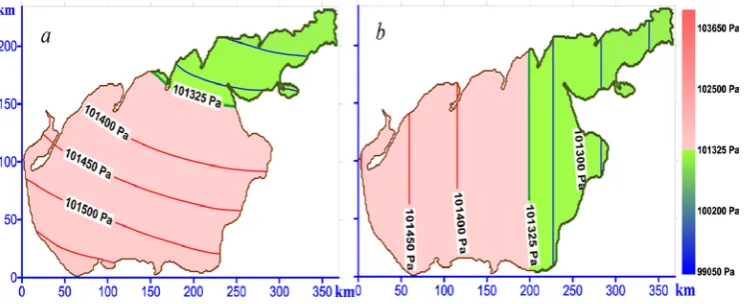 Fig. 2. Variable atmospheric pressure area movement at 8 m/s velocity in Genichesk – Pereboyniy axis; b – straight boundary with 90° tilt angle to the direction at different geometry of its boundaries: a – a straight boundary with 135° tilte angle to the x-x-axis  
