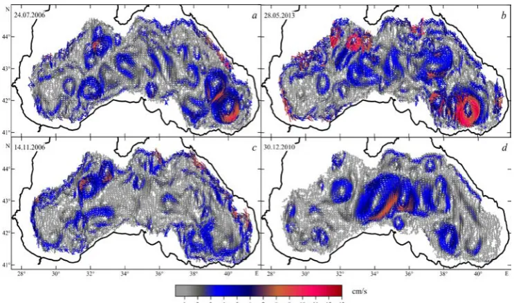 Fig. 3. Fields of the Black Sea currents on the 1000 m horizon (Experiment II)   