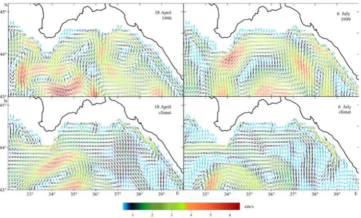 Fig. 5. Fields of the Black Sea currents: reconstructed from the reanalysis for April, 18, 1998 and July, 6, 1999 (above) and the climatic fields (below)  