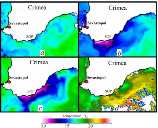 Fig. 3. Water surface temperature change in the SOP area (Katsiveli village) near the Crimean coast in 2010 according to the satellite survey on May 17 – a, May 19 – b, May 26 – c, May 28 – d [17]