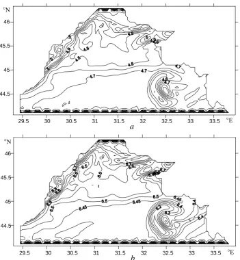 Fig. 7. Charts of zooplankton (a) and bioresource (b) calculated in dimensionless units on 210computation excluding the marine environment dynamics th day of  