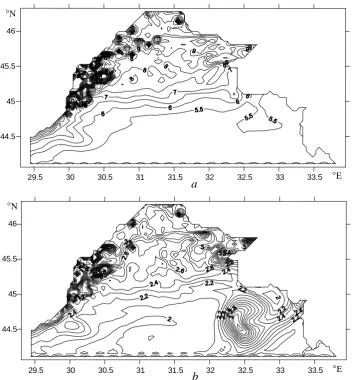 Fig. 8. units on the 210 The charts of phytoplankton (a) and oxygen (b) concentrations calculated in dimensionless th day of computations taking into account advection and diffusion  