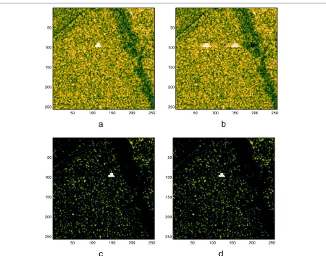 Fig. 3 a Original scene. b Conventional defocused image with target centroid. c Image reconstructed by the ROI-based approach