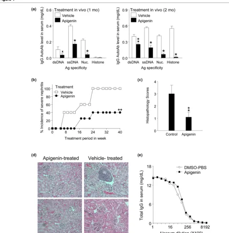 Figure 4Apigenin treatment Apigenin treatment in vivo in vivo suppresses IgG anti-nuclear autoantibodies and lupus nephritis