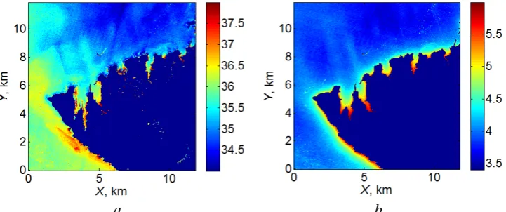 Fig. 2. Fragment of the Landsat-8 satellite image (November, 8, 2014): spectral radiance in the bands 2 (а) and 5 (b) In this work Figure 2 illustrates the approach used to separate the roughness 