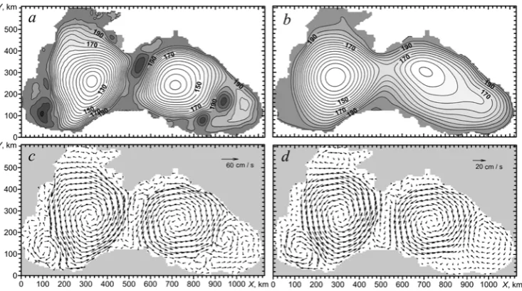 Fig. 5. Spatial distributionvelocities of currents in the upper layer where  of the upper layer thickness h1, m (a), average year thicknessh1 , m (b), u1  (c) and velocities of currents in the lower layer u 2 (d) r2 = 0.01 cm/s and Al = 5·105 cm2/s for 05.05.0004 (areas with greater values of the thickness of the upper layer are marked by darker colour)  