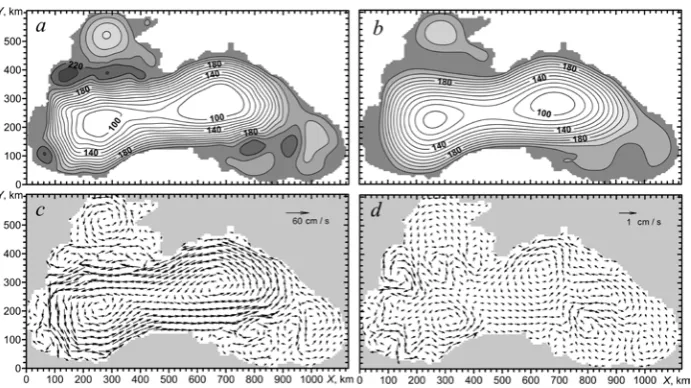 Fig. 8. Spatial distributionvelocities of currents in the upper layer where of the upper layer thickness h1, m (a), average year thicknessh1 , m (b), u1  (c) and velocities of currents in the lower layer u 2 (d) r0.12 = cm/s, A=105l см2/с for 05.10.0004 (areas with greater values of the thickness of the upper layer are marked by darker colour)  