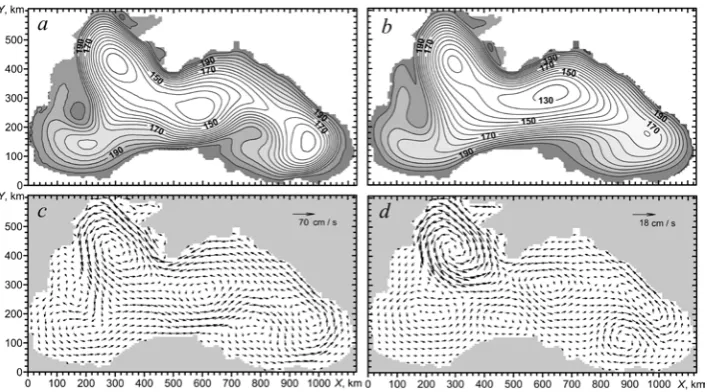 Fig. 4. Spatial distributionvelocities of currents in the upper layer where of the upper layer are marked by darker colour)  of the upper layer thickness h1, m (a), average year thicknessh1 , m (b), u1  (c) and velocities of currents in the lower layer u 2 (d) r2 = 0.01 cm/s and Al = 5·105 cm2/s for 05.06.0004 (areas with greater values of the thickness  