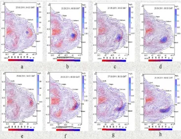Fig. 3. Calculated surface currents and modeling oil patch in the indicated moments of time after the hypothetical accidental spill at the points with 177 Δx and 142 Δy (a, b, c, d) coordinates (prognostic interval – January 2 – 5, 2014, 00:00 GMT)  