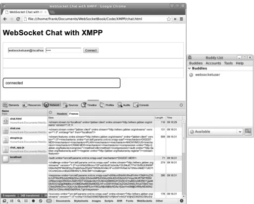 Figure 4-7.  Logging in from chat.html and appearing online in Pidgin. Each WebSocket  message displayed in the developer tools contains an XMPP stanza
