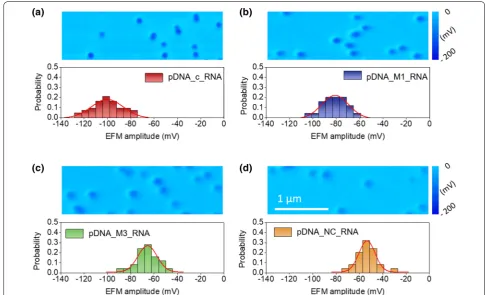 Fig. 4 a–d Electrostatic force measurements and Gaussian distribution of the DCNPs: a pDNA + c_RNA, b pDNA + M1_RNA, c pDNA + M3_RNA, and d pDNA + NC_RNA