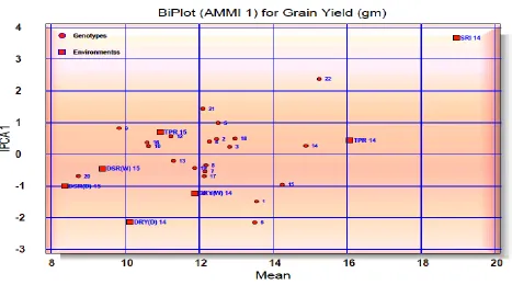 Figure 1 AMMI biplot of grain yield per plant main effects and GxE interaction of 22 rice genotypes under seven environments                                               for grain yield per plant