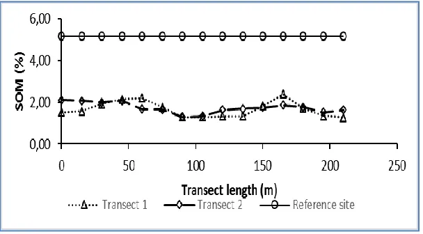 Figure 14 Effect of intensive farming practices on soil organic matter along two transects of Govié watershed