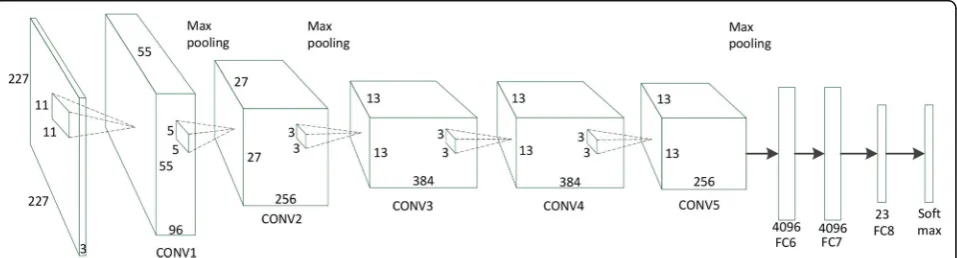 Fig. 3 The illustration of the architecture of AlexNet we used. The kernel size of the three max pooling is 3