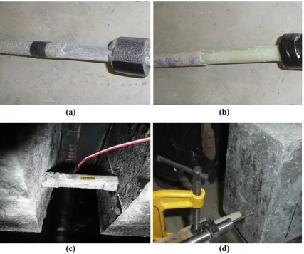 Fig. 11 a LM bar: partial delamination of sand coating, b HM bar: detachment of entire sand coating, c bar pullout from the lefthand part showing outward movement and d bar pullout showing inward movement of the bar.
