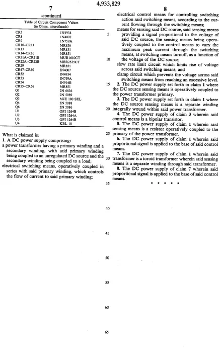 Table of Circuit Component Values (in Ohns, microfarads) 
