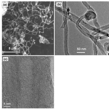 Fig. 3 (a) SEM, (b) TEM and(c) HRTEM images of puriﬁedMWNTs