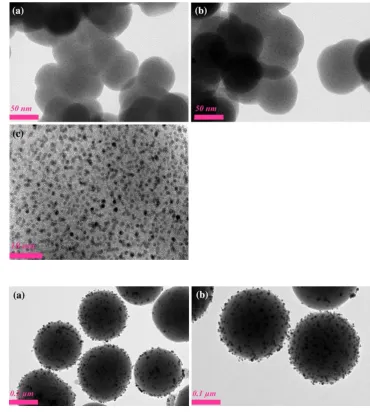 Fig. 2 TEM images of3–6 nm sized silver embedded90 nm silica particles andc a, b a closer view of the silvernanoparticles
