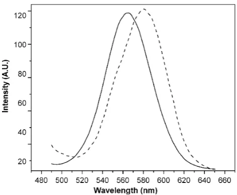 Fig. 4 The normalized luminescence spectra of CdTe QDs before(dash dot line) and after conjugation with dendrimer (solid line)