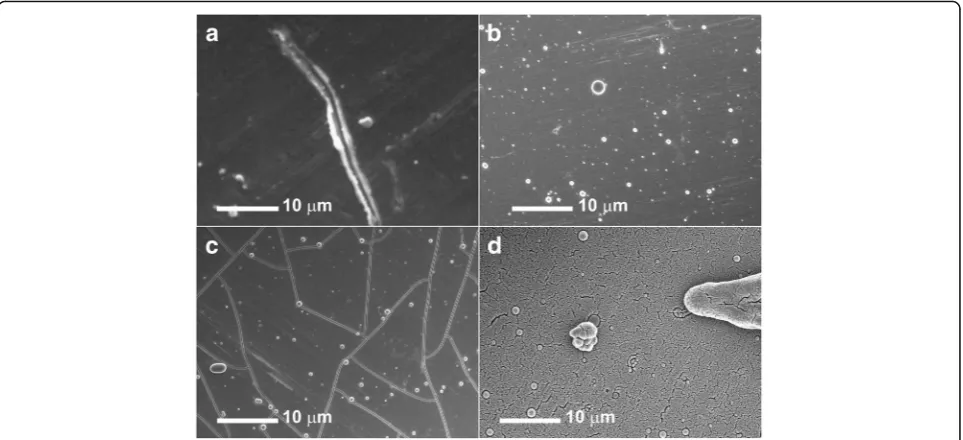 Fig. 1 Field emission scanning electron micrographs of a-VOx films deposited at pO2 (a) 0 Pa, (b) 6 Pa, (c) 13 Pa and (d) 30 Pa