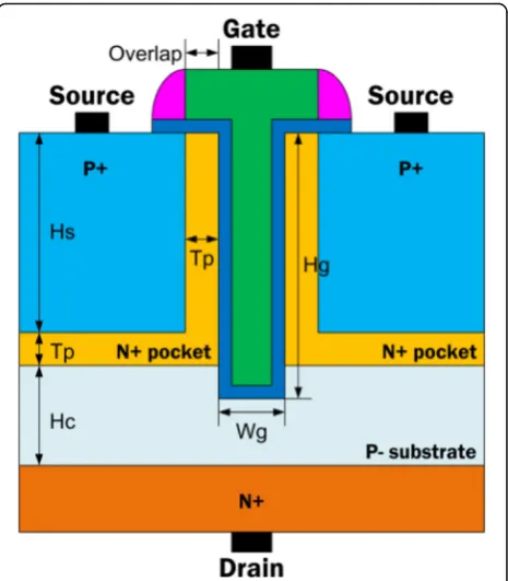 Fig. 1 Schematic of the proposed T-shape gate dual-source tunnelfield-effect transistor (TGTFET)