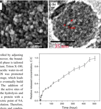 Fig. 2 a SEM micrograph ofbFGF-loaded MSNs. b Highresolution TEM micrograph: thepore on the MSN is around7–10 nm in diameter as labeledby arrows