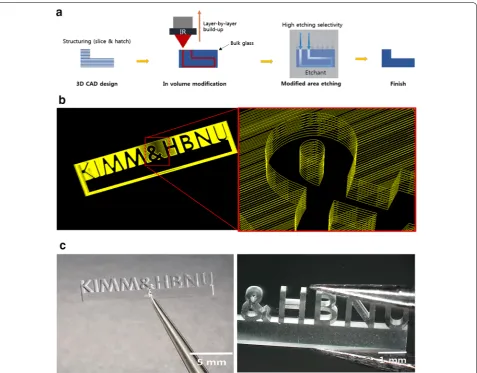 Fig. 2 a Schematic diagram of the SLE process for 3D structures, b STL file format with slice and hatching line, c pictures of the fabricated 3D alphabet structures