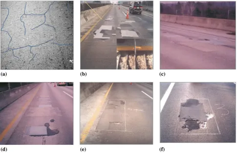 Fig. 11 Condition map of concrete bridge deck obtained from visual inspection. (*: one way cracks, ﬁlled square: map cracks,open circle: spalling, open square: repaired by concrete patch.: repaired by epoxy patch,: half-cell potentialmeasurement).