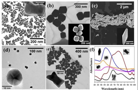 Fig. 2 STEM images and UV-Vis spectra of Au NS s of different shapes.in inset shows the single crystalline nature of NRs.Au BPs (inset is SEM image of single BP).particles)