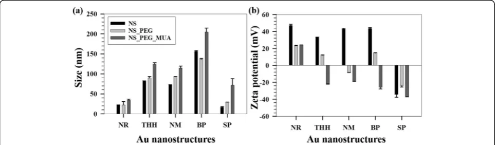 Fig. 4 Sizes and zeta potentials of Au NSs. a Variation of DLS sizes of the Au NSs after each stage of functionalization