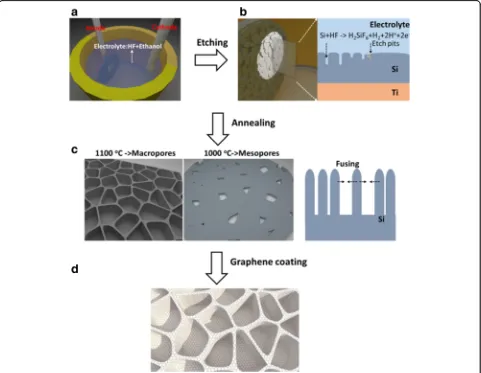 Fig. 1 (a) and (b) Electrochemical etching of porous silicon. (c) and (d) Schematic of Ni-assisted CVD process for graphene coating and pore reorganization