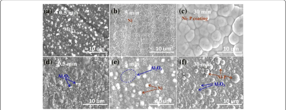 Fig. 2 Surface morphology of Ni-P coating (top, a-c) and Ni-P-Al2O3 composite coatings (bottom, d-f) at different deposition times