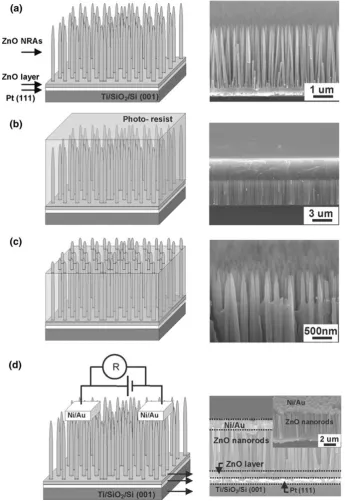 Fig. 1 Schematic (left) and real(right) images on fabrication ofa ZnO NRA sensor. a As-synthesized ZnO NRA on a Pt-coated Si (001) substrate