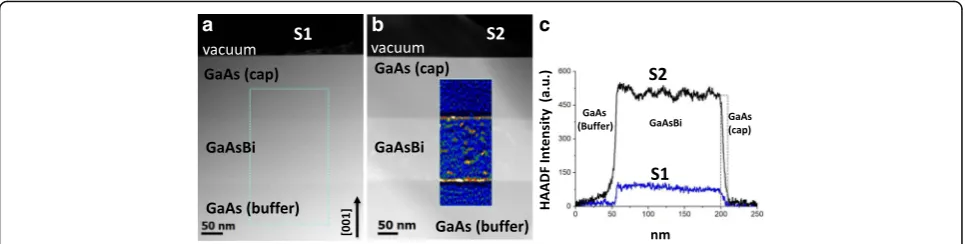 Fig. 1 ain the GaAsBi layer bright spots distributed along the GaAsBi layer related to Bi-rich areas are observed