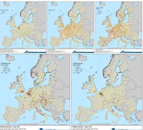 Fig. 12 Main European rail network: number of tracks, number of trains, average maximum allowed speed and capacity utilization measures accordingthe lower and upper limit presented in Figs
