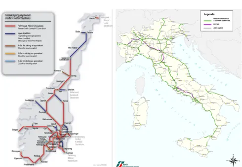Fig. 2 Automatic block system on the Norwegian (red segments) and Italian (green segments) rail networks