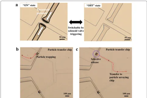 Fig. 2 On-demand particle transfer utilizing pneumatic valve operation. a Depending on the applied pneumatic pressure, the valve wall is either deflected (“ON” state) or not (“OFF” state)