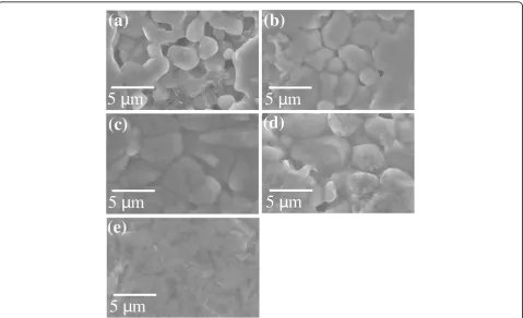 Fig. 7 FESEM images of SiC pellets sintered with nanosized Si-SiC composite nanoparticles and activated carbon by SPS process (details of a, b, cd, and e are given in Table 2)