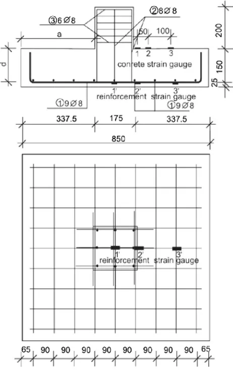 Fig. 8 Sample of a tested footing with dimensions andposition of measuring spots for reinforcement andconcrete strain gauges.