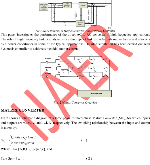 Fig 1 Block Diagram of Matrix Converter with Hysteresis Controller   This paper investigates the performance of the direct AC to AC converter in high frequency applications
