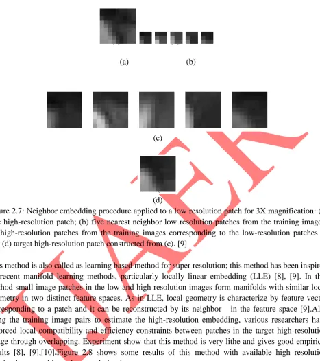 Figure 2.7: Neighbor embedding procedure applied to a low resolution patch for 3X magnification: (a) (d)                                                                             true high-resolution patch; (b) five nearest neighbor low resolution patches from the training images; 