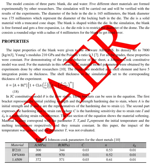 Table 1 Johnson-cook parameters for the sheet metals [10] 