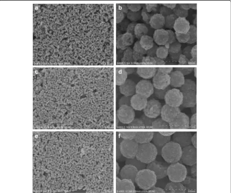 Fig. 8 SEM images of different amount of PAM synthesized sample. a, b 0.1 g. c, d 0.2 g e, f 0.3 g