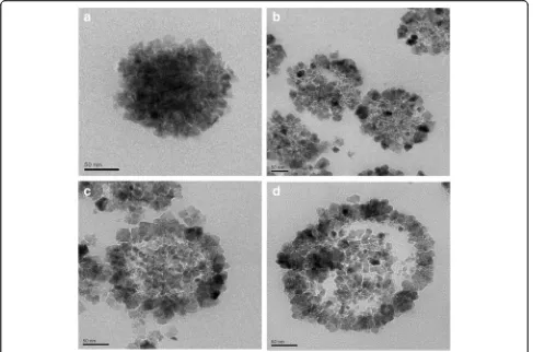 Fig. 9 TEM images of Fe3O4 hollow microspheres at different sizes. a 150 nm. b 200 nm